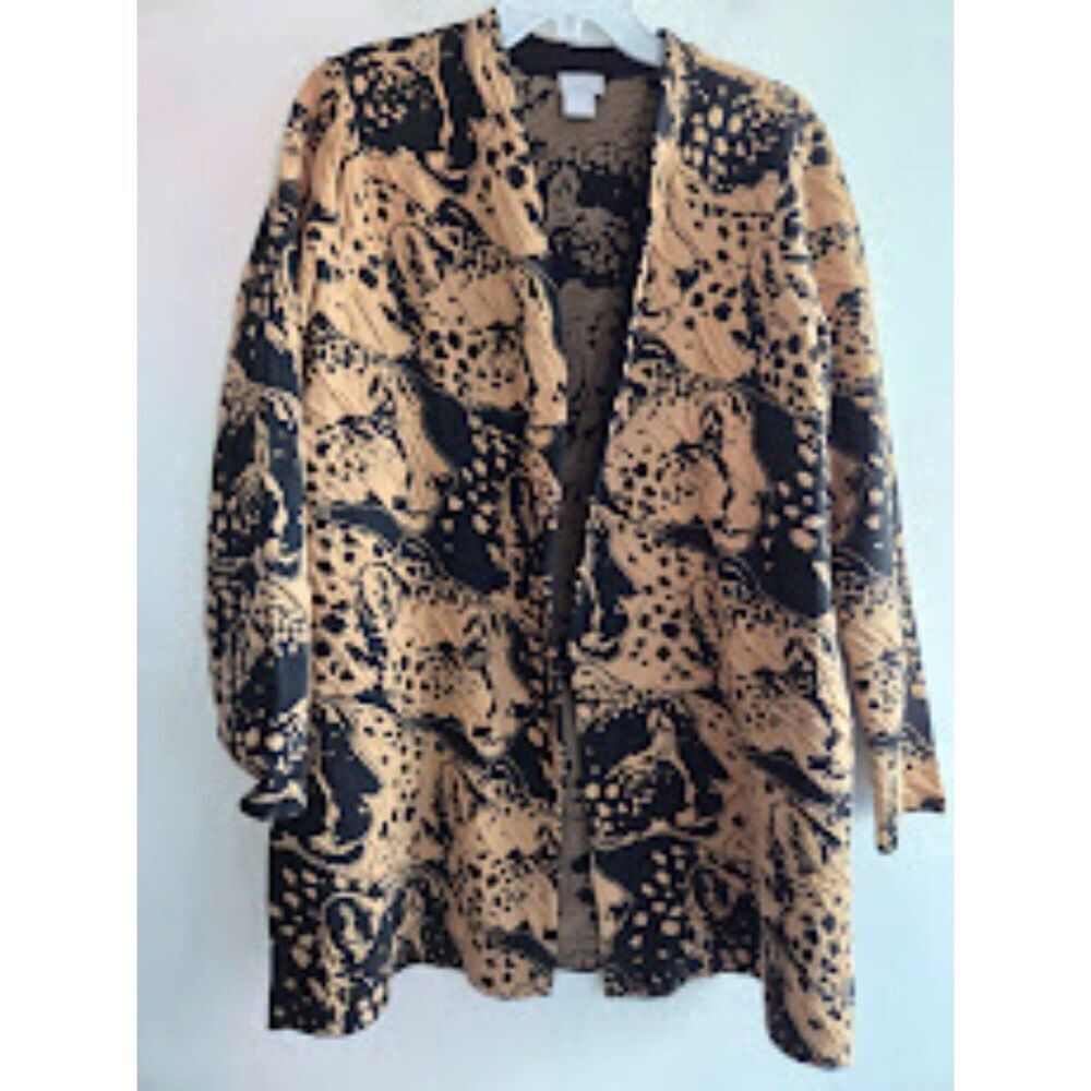 Chico's Brown Beige Black Jacquard Cotton Blend Knit Open Cardigan size Large